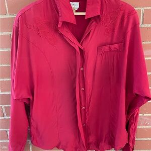 Red Button-Up Shirt with Embroidered Detail